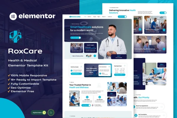 RoxCare health and medical Elementor template kit preview