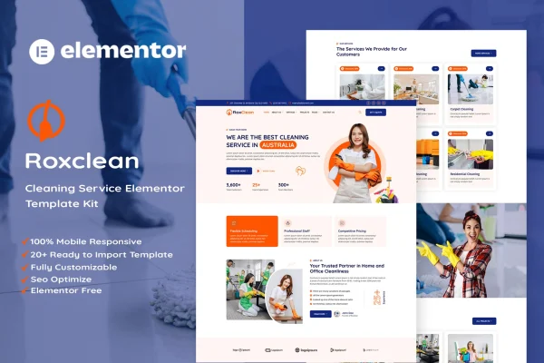 RoxClean cleaning services Elementor template kit preview