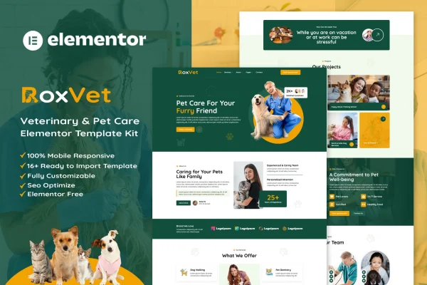 RoxVet veterinary and pet care Elementor template kit preview