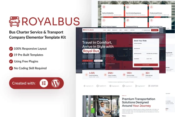 RoyalBus Elementor template kit preview for a bus charter and transport company website