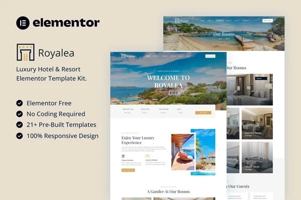 Royalea luxury hotel and resort Elementor template kit preview