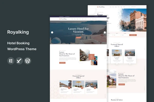 Royalking hotel booking WordPress theme preview with room listings