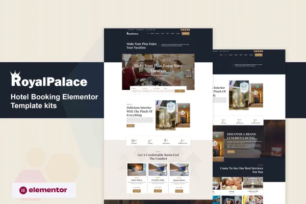 Royalpalace hotel booking Elementor template kit preview showing hotel website pages