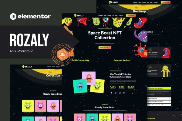 Rozaly NFT portfolio Elementor template kit preview with dark-themed page layouts