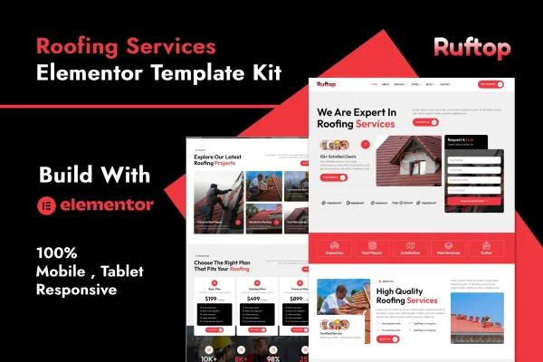 Ruftop roofing services Elementor template kit preview