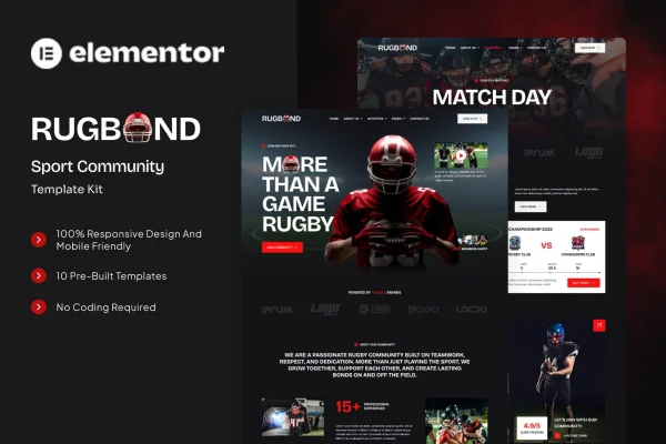 Rugbond sport community Elementor template kit cover image