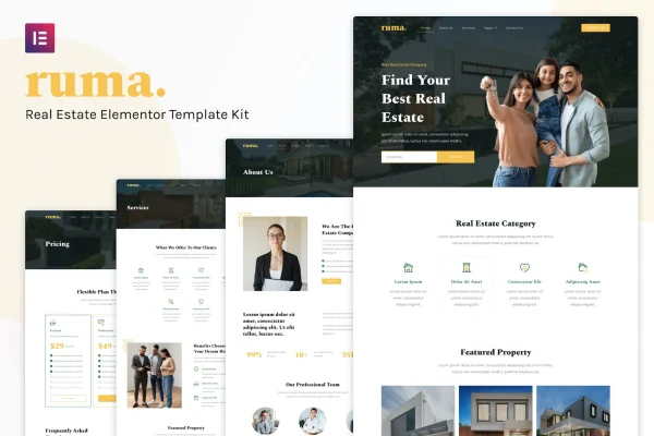 Ruma real estate Elementor template kit cover showing sample website pages