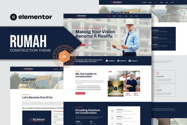 Rumah construction Elementor template kit preview showing page layouts