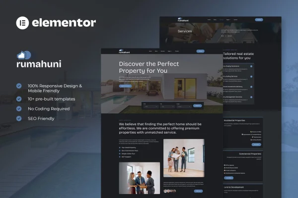 Rumahuni real estate and property Elementor template kit preview
