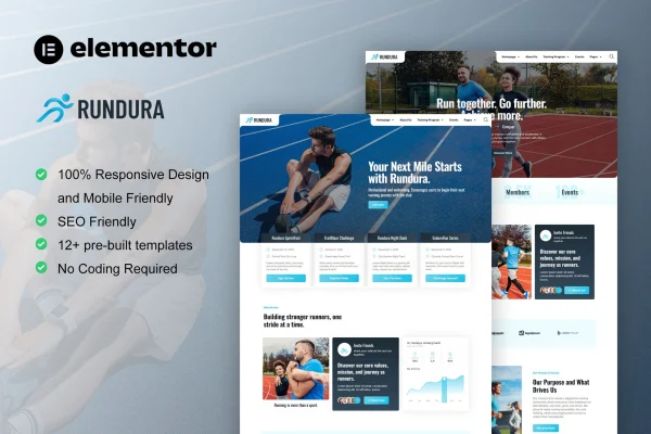 Rundura running club and sport event Elementor template kit cover image