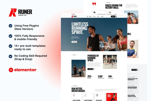 Runer running club and marathon Elementor template kit preview
