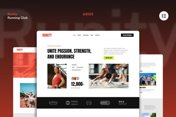 Runity Elementor template kit cover for a running club and marathon website