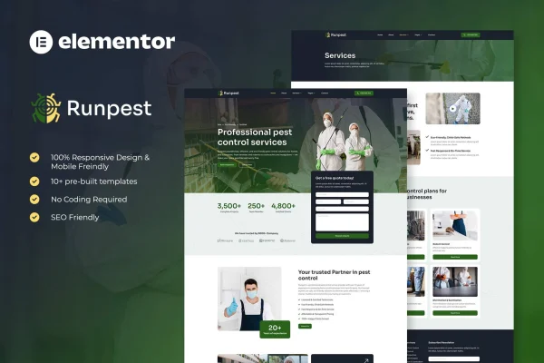 Runpest pest control service Elementor template kit preview