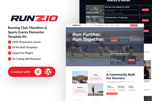 Runzio running club and marathon Elementor template kit preview