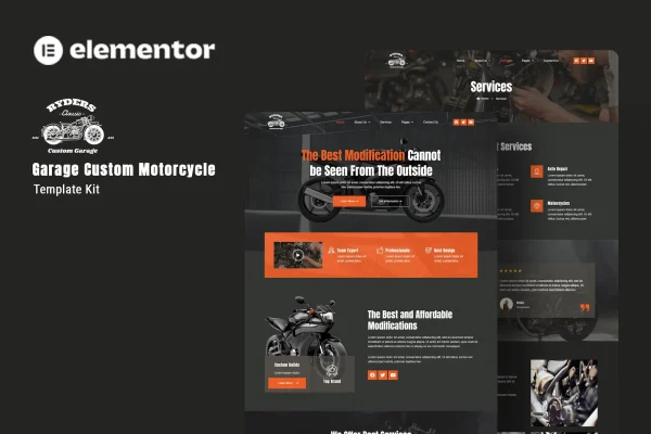 Ryders custom motorcycle garage Elementor template kit preview