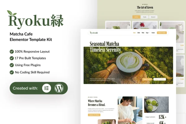 Ryoku matcha cafe Elementor template kit preview with green themed page layouts