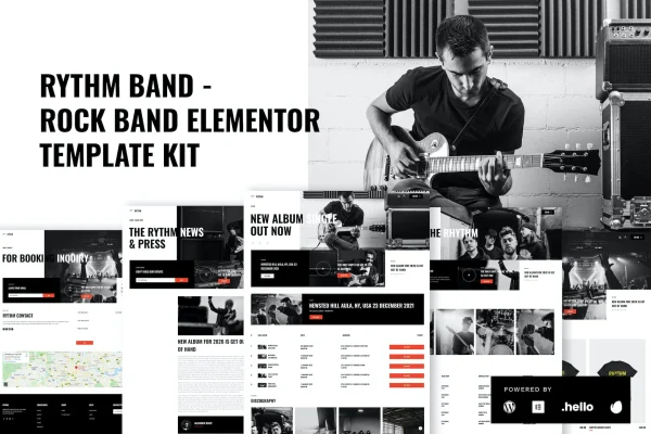Rythm rock band Elementor template kit preview with bold typography and band imagery