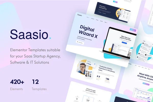 Saasio SaaS and startup Elementor template kit page previews