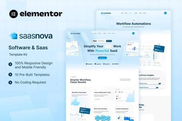SaaSNova Elementor template kit preview for software and SaaS websites