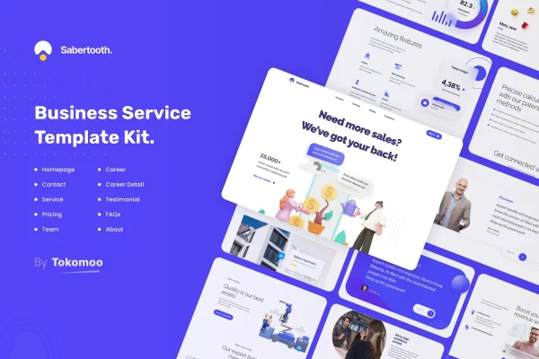 Sabertooth business startup Elementor template kit preview showing tech website page layouts
