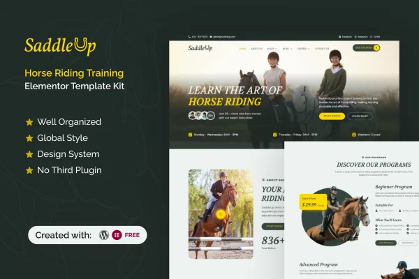 SaddleUp horse riding training Elementor template kit preview