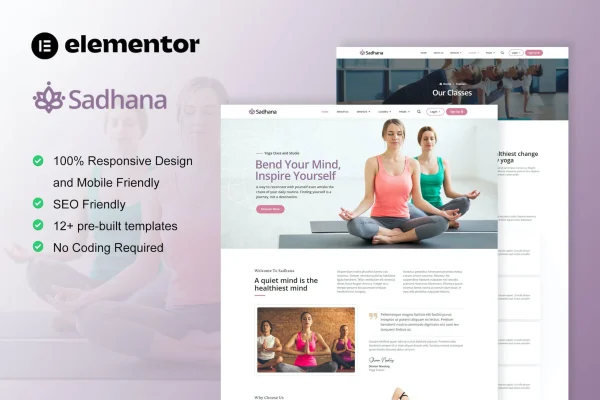 Sadhana yoga teacher and studio Elementor template kit preview