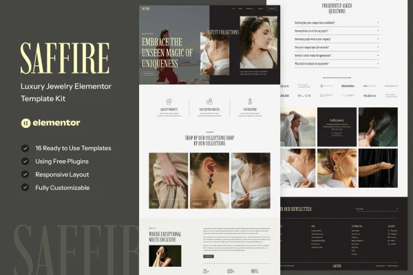 Saffire luxury jewelry Elementor template kit cover showing elegant page layouts