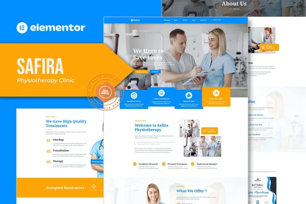 Safira physiotherapy Elementor template kit preview showing clinic website pages