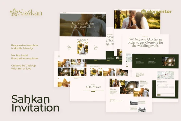 Sahkan wedding invitation and gallery Elementor template kit preview in pastel and gold