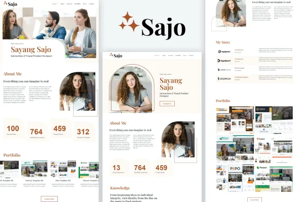 Sajo personal portfolio Elementor template kit cover showing homepage layouts