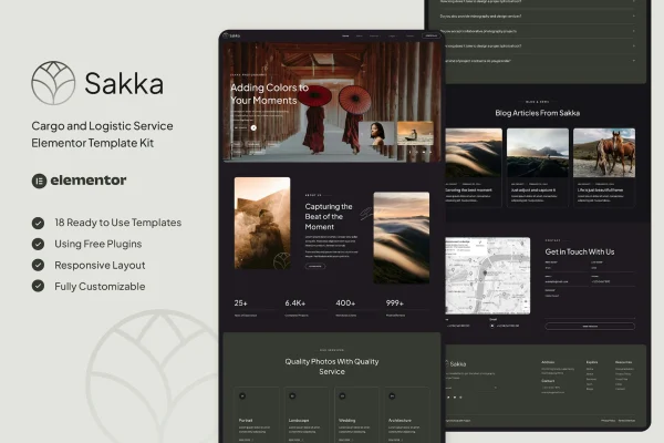Sakka photography service and portfolio Elementor template kit preview