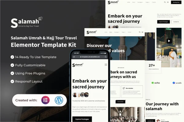 Salamah Umrah and Hajj tour travel Elementor template kit preview