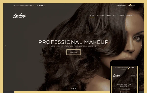 Salon WordPress theme for beauty salons and spas, shown on a demo homepage