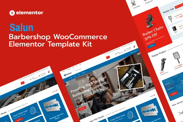 Salun barbershop tools and equipment store Elementor template kit preview