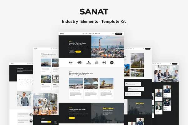 Sanat industry Elementor template kit preview showing industrial website page layouts