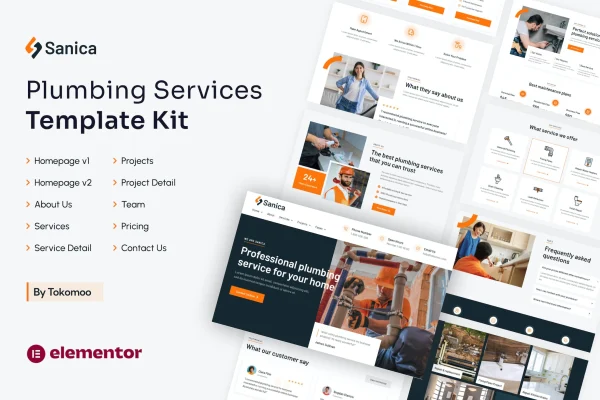Sanica plumbing services Elementor template kit preview showing homepage layout