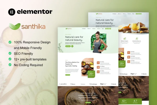 Santhika Ayurveda and natural beauty care Elementor template kit preview