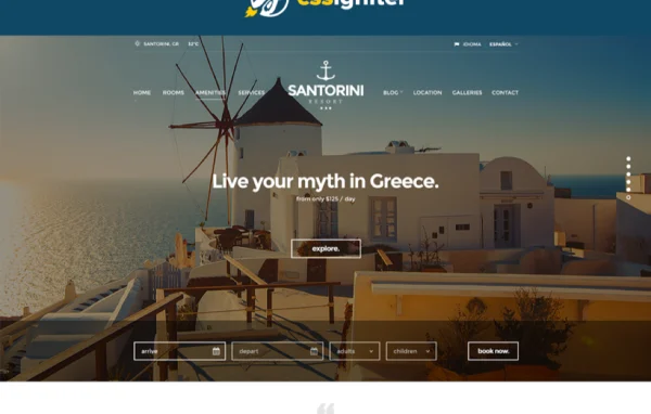 Santorini Resort WordPress theme preview showing a resort homepage layout