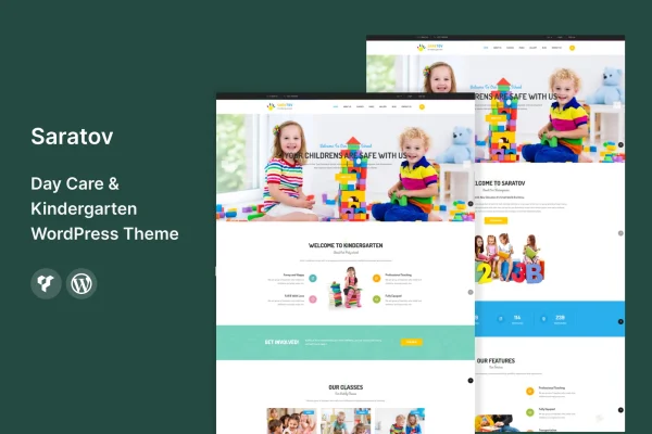 Saratov day care and kindergarten WordPress theme preview with colorful page layout