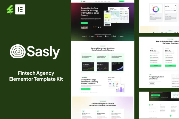 Sasly fintech agency Elementor template kit page previews