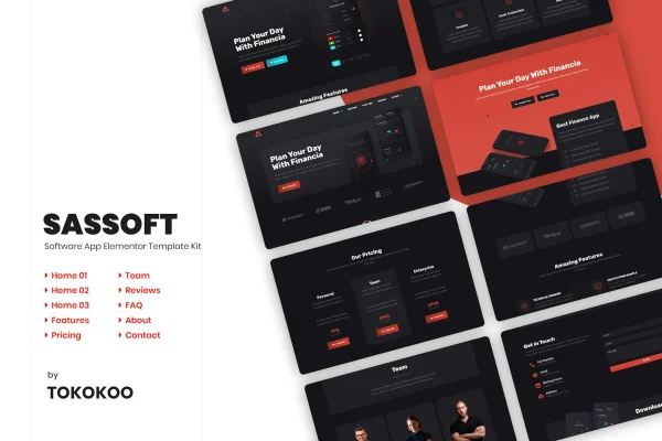Sassoft dark-themed mobile app and fintech startup Elementor template kit preview