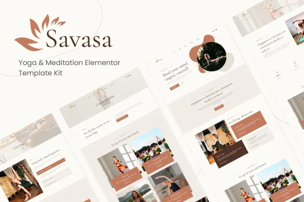 Savasa yoga and meditation Elementor template kit cover with calm wellness page designs