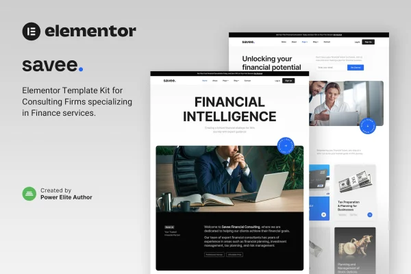 Savee financial consulting Elementor template kit preview with homepage and service page layouts