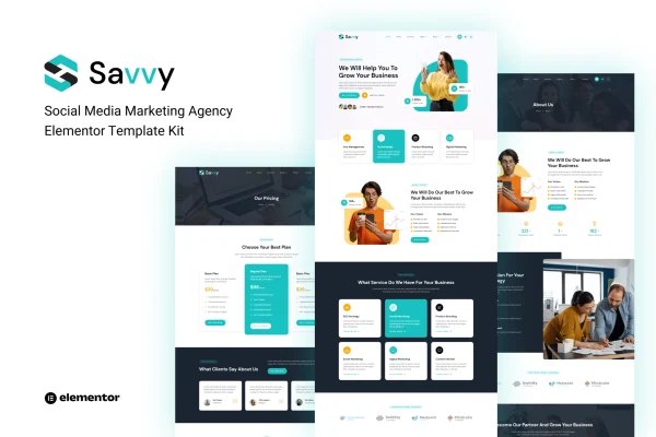 Savvy social media marketing agency Elementor template kit preview