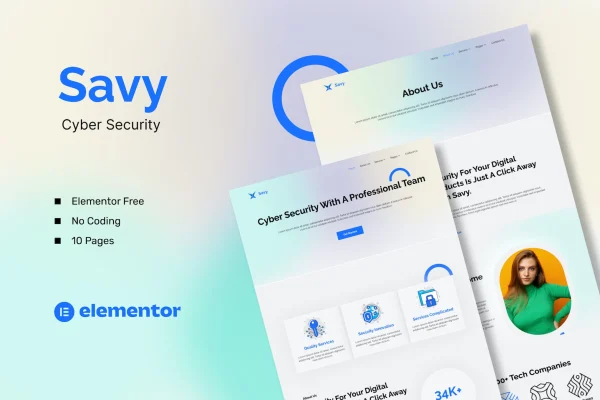 Savy cyber security Elementor template kit preview showing website page layouts
