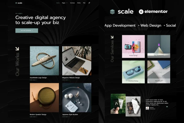 Scale creative agency Elementor template kit preview with dark page layouts