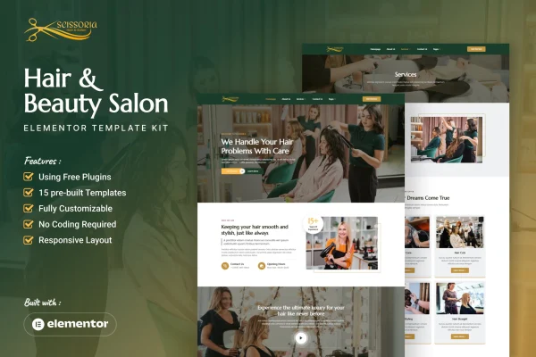 Scissoria hair and beauty salon Elementor template kit preview
