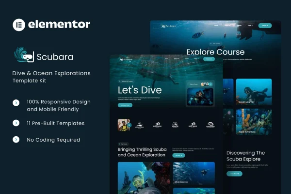 Scubara dive and ocean Elementor template kit cover with underwater page layouts