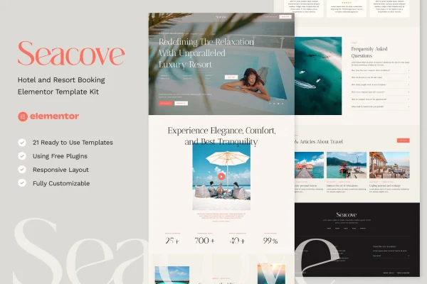 Seacove hotel and resort Elementor template kit preview