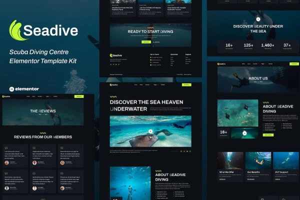 Seadive scuba diving centre Elementor template kit cover with page previews